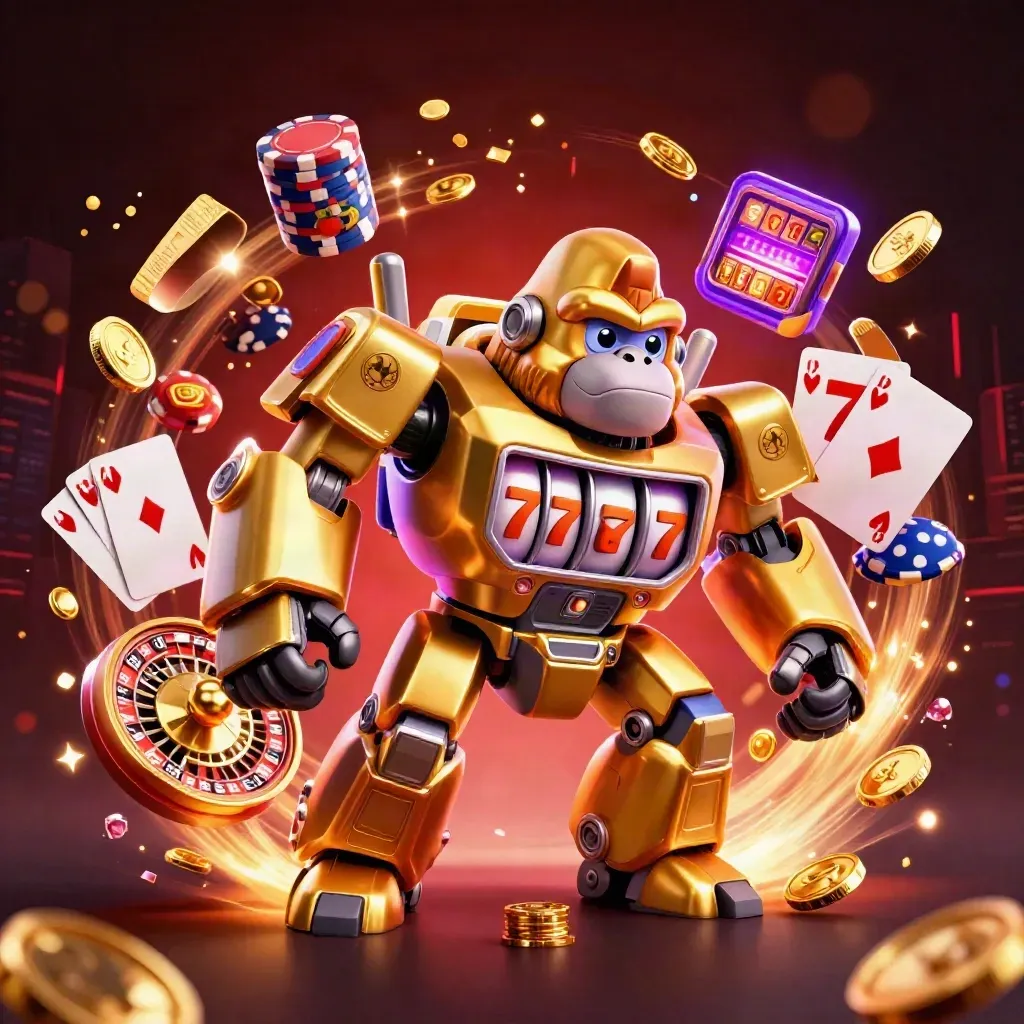 Golden gorilla mech with monkey pilot bursts through coins, gems, and casino icons in neon light.