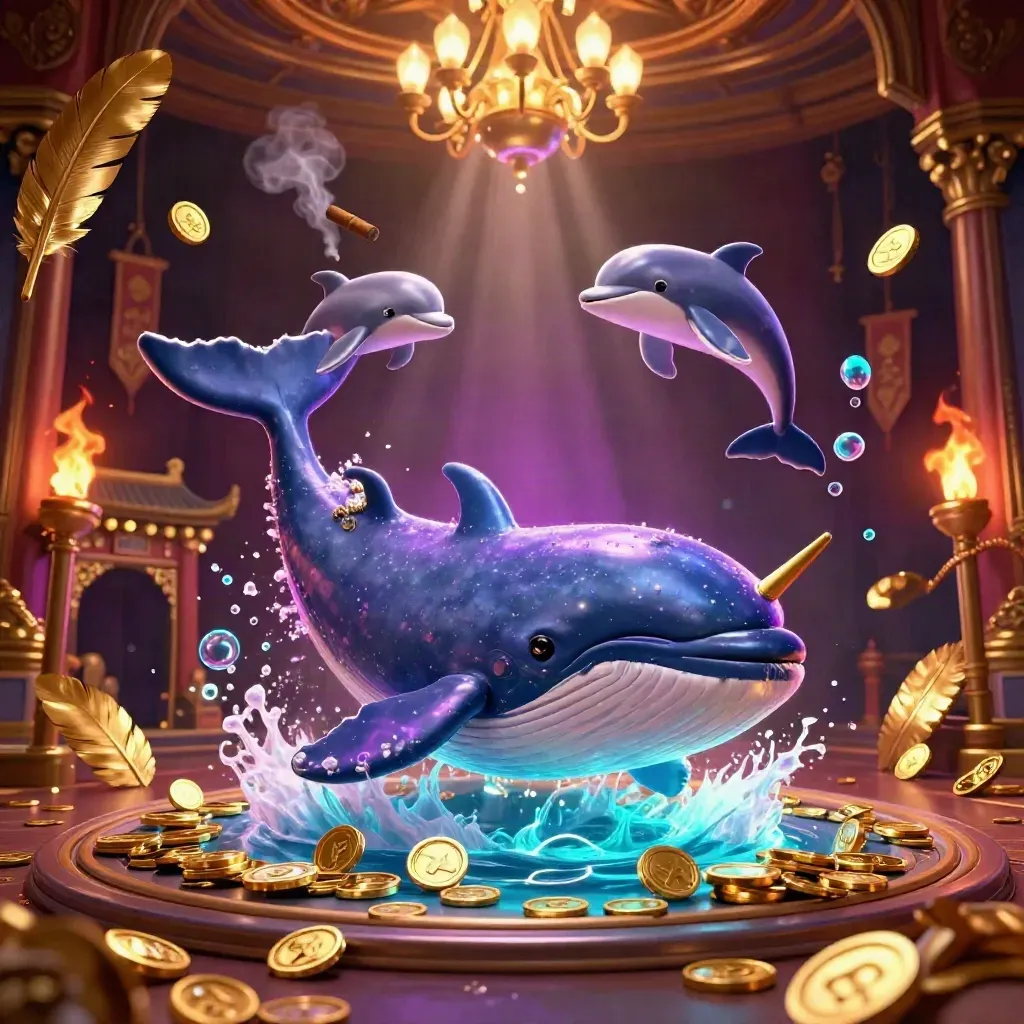 Whale captain, narwhal, and dolphins in a luxe casino glow with coins, chandelier, and neon light.