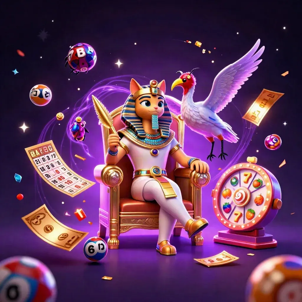 Pharaoh cat, ibis scribe, and gem-winged scarabs amid casino bursts and neon purple magic