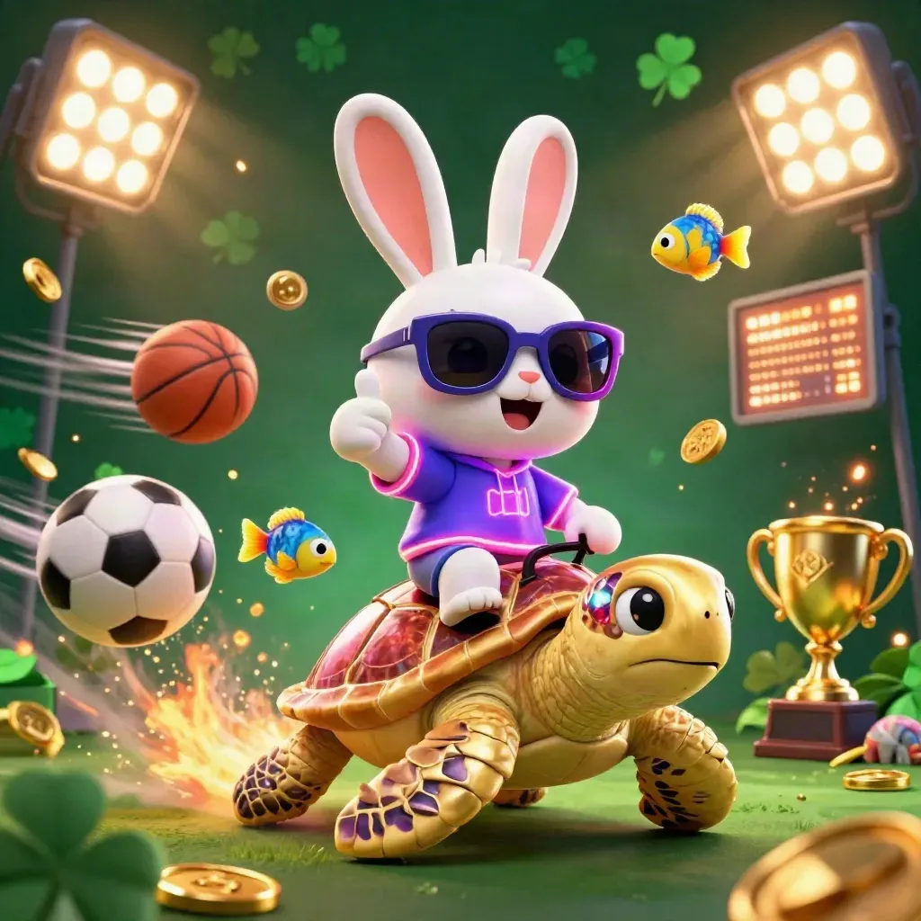 Lucky rabbit riding a golden sea turtle with coins, balls, trophy, and neon casino glow.
