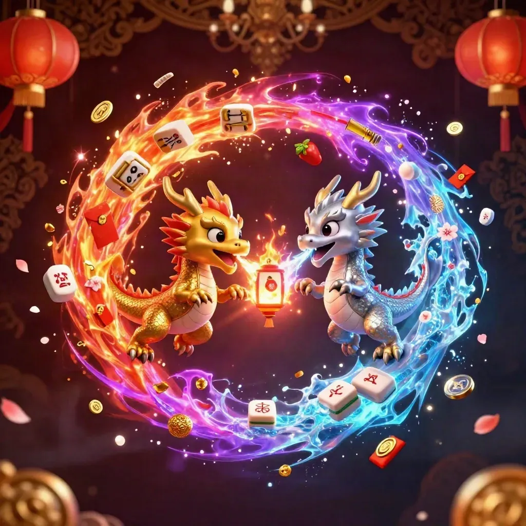 Twin dragons in fire-and-ice yin-yang with lantern spirit and casino treasures exploding around them.