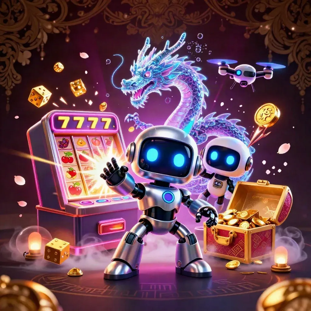 Cyberpunk robot, holographic dragon, and coin drone amid bursting jackpot treasure and neon effects.