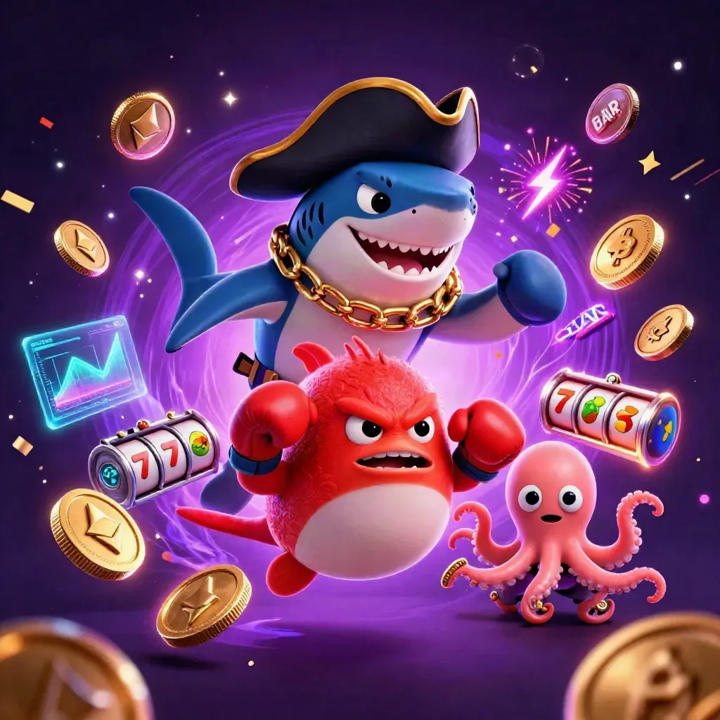 Pirate shark, boxing pufferfish, and coin-juggling octopus amid neon casino treasure bursts.
