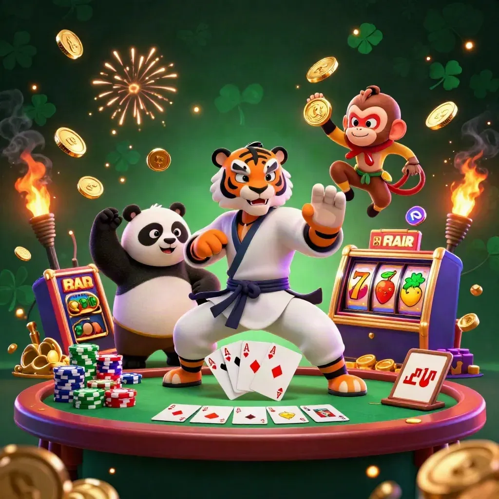 Kung-fu tiger, panda, and monkey amid exploding coins, reels, chips, and casino fireworks