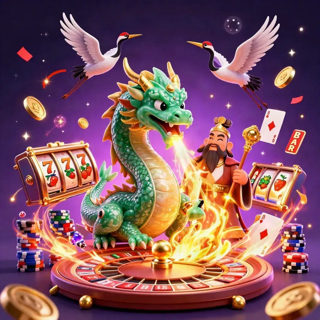 Jade dragon, turtle sage, and cranes amid exploding coins, roulette, cards, chips, fireworks, and glowing casino energy.