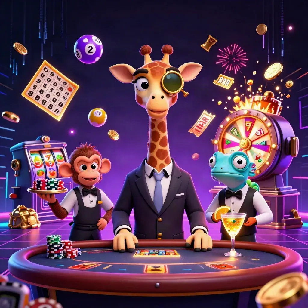 Giraffe high roller, monkey valet, and chameleon bartender amid casino bursts and neon lights