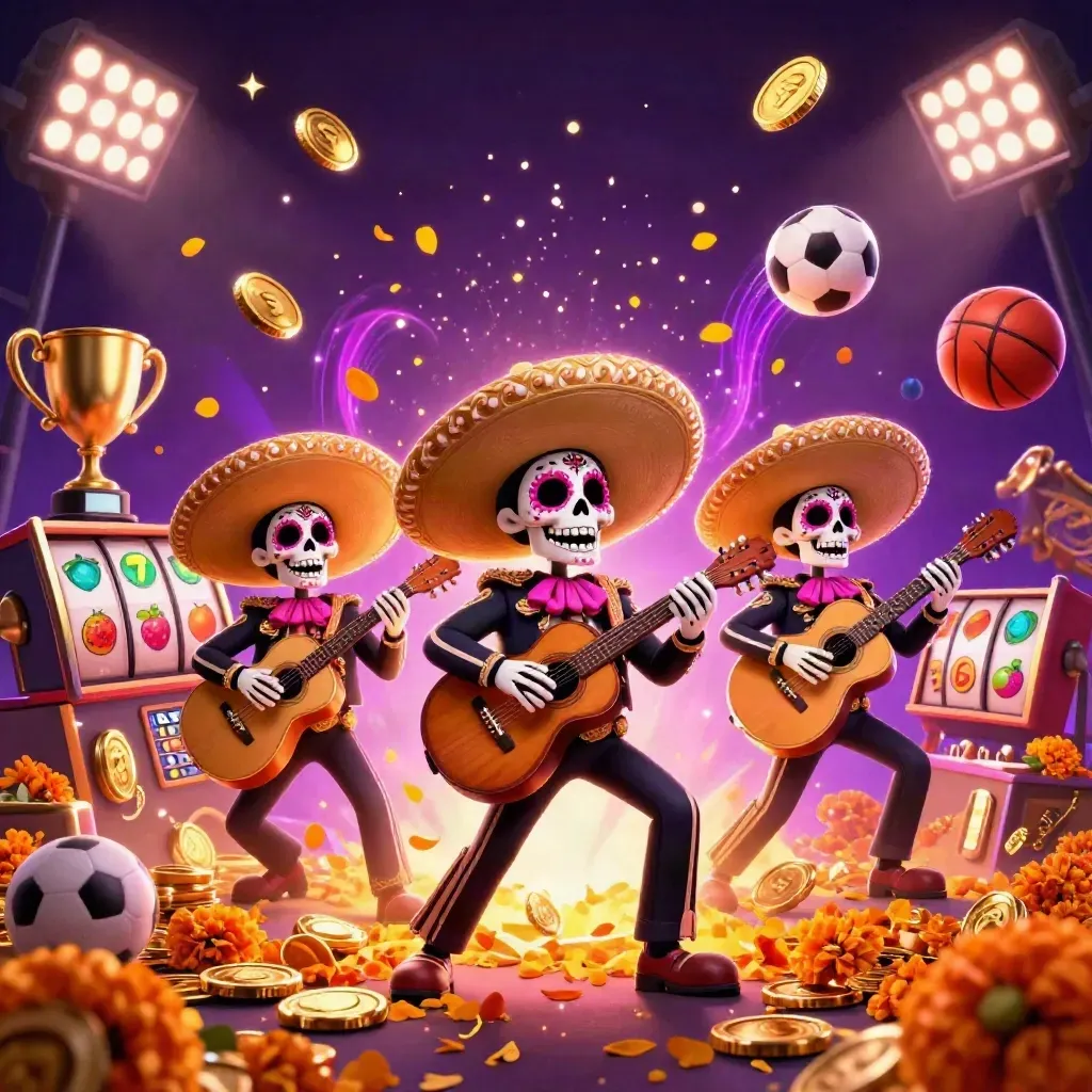 Day-of-the-Dead skeleton mariachi trio amid bursting coins, slot reels, and neon casino lights.