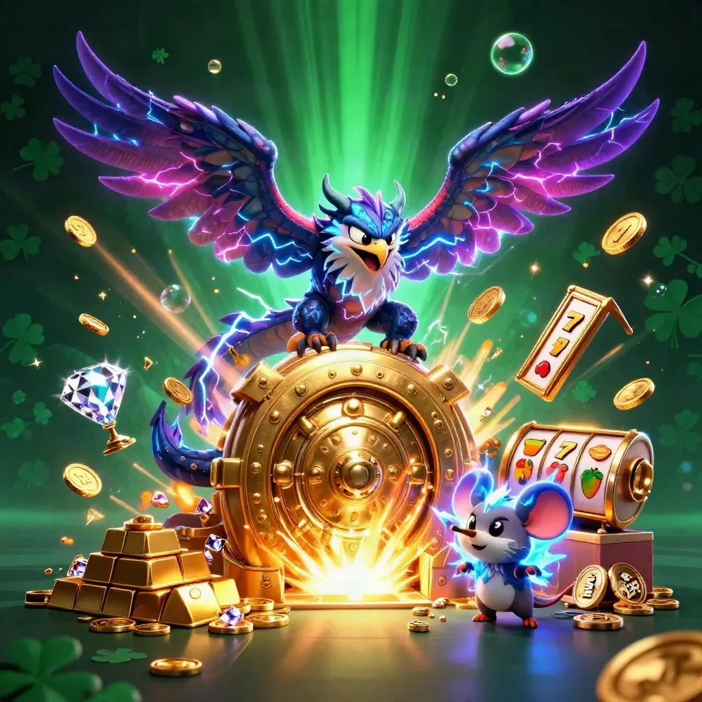 Thunder dragon, wind hawk, and static mouse burst from a gold vault with coins and gems.