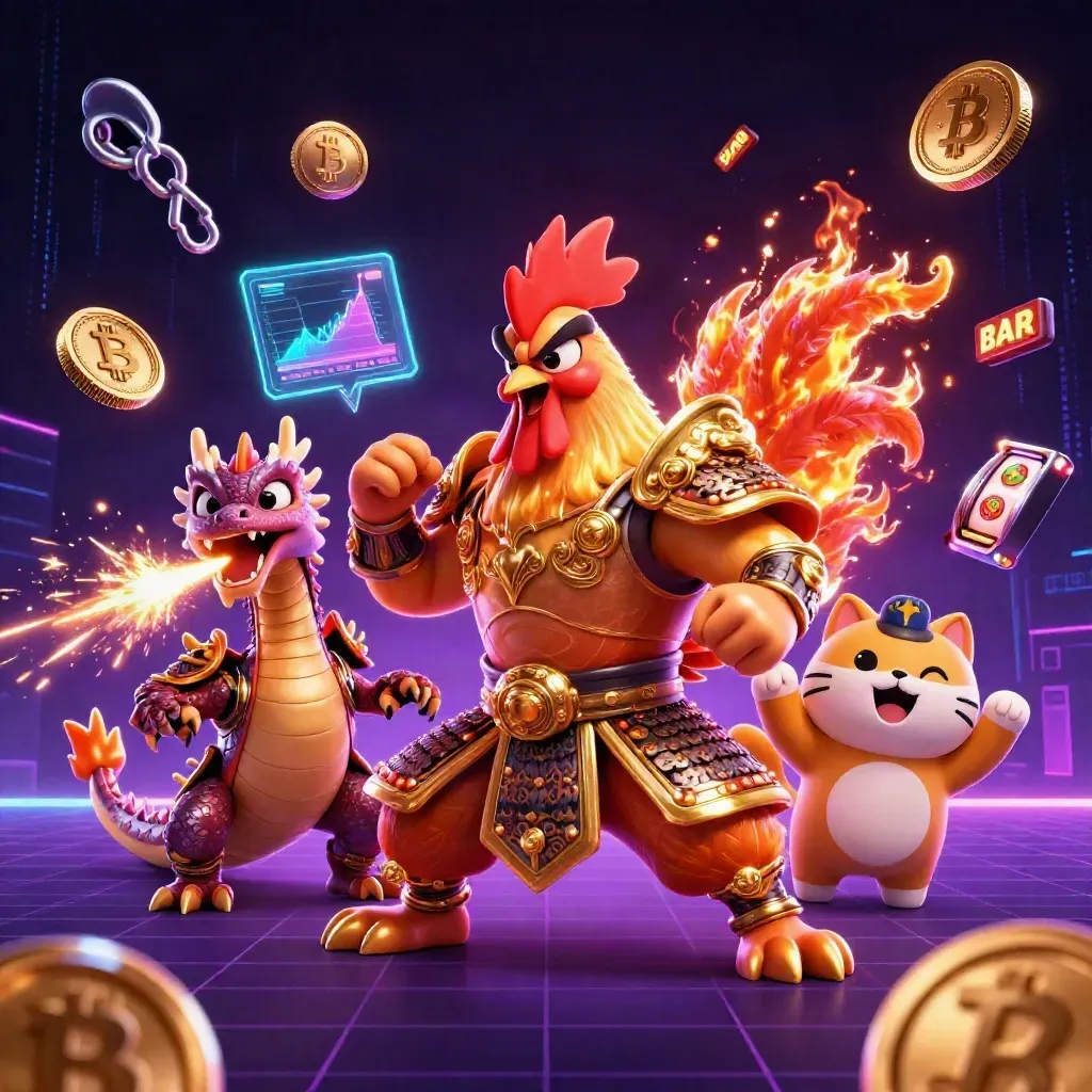 Rooster warrior, dragon hatchling and fortune cat amid neon coins, reels and sparks on a dark grid