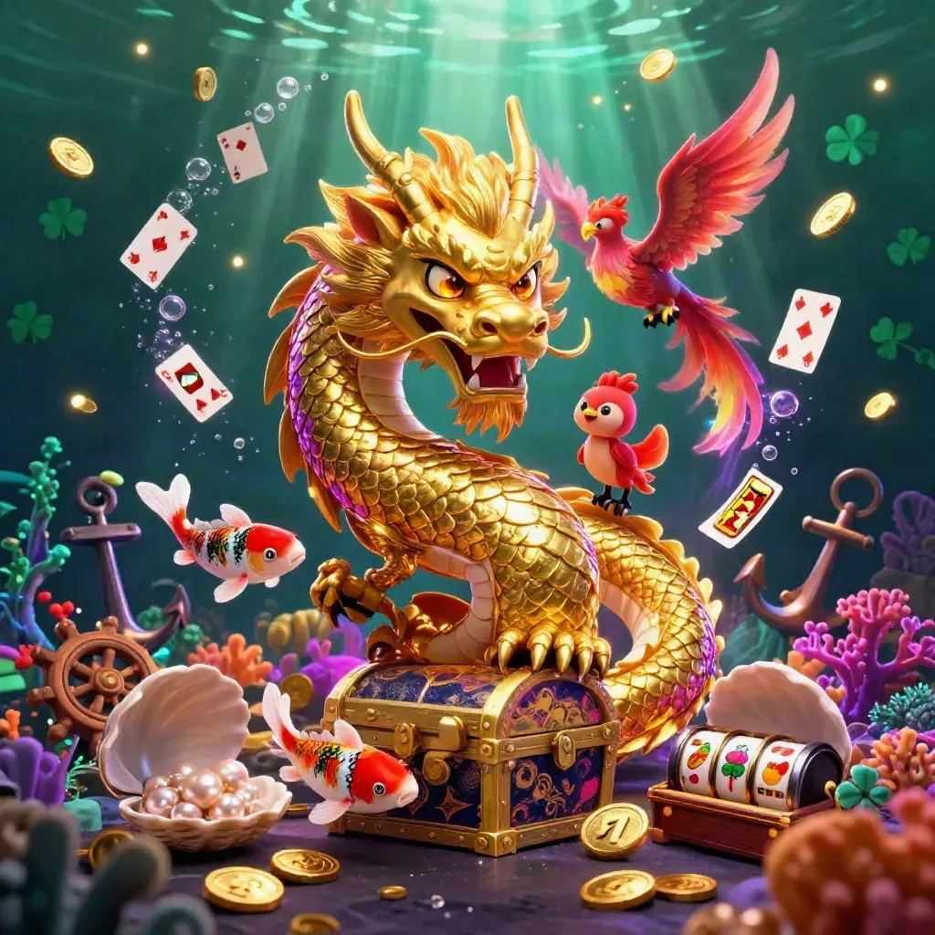 Golden dragon with phoenix and koi in a glowing casino treasure cove.