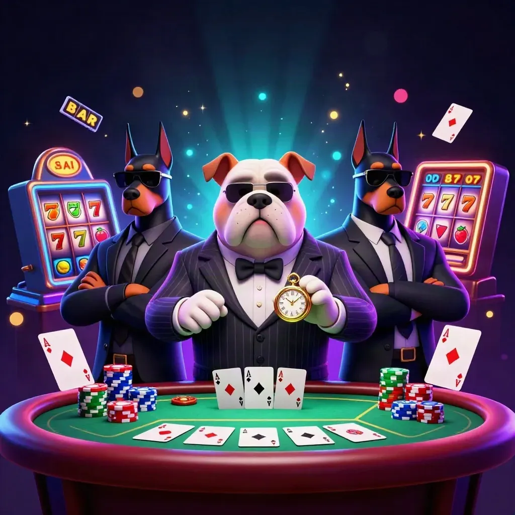 Bulldog mob boss and two Dobermans amid poker chips, aces, slot reels, and glowing casino effects.
