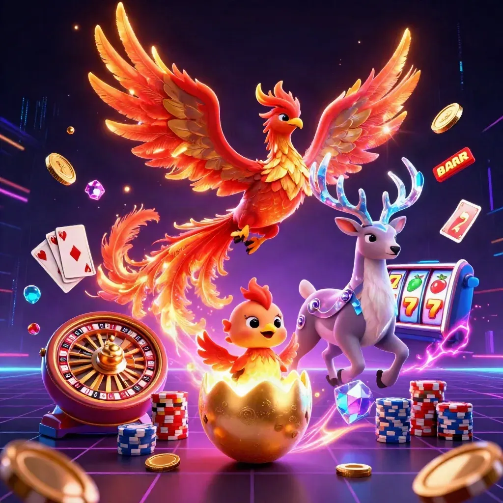Fire phoenix, baby phoenix, and crystal-antlered stag amid casino coins, chips, and glowing reels.