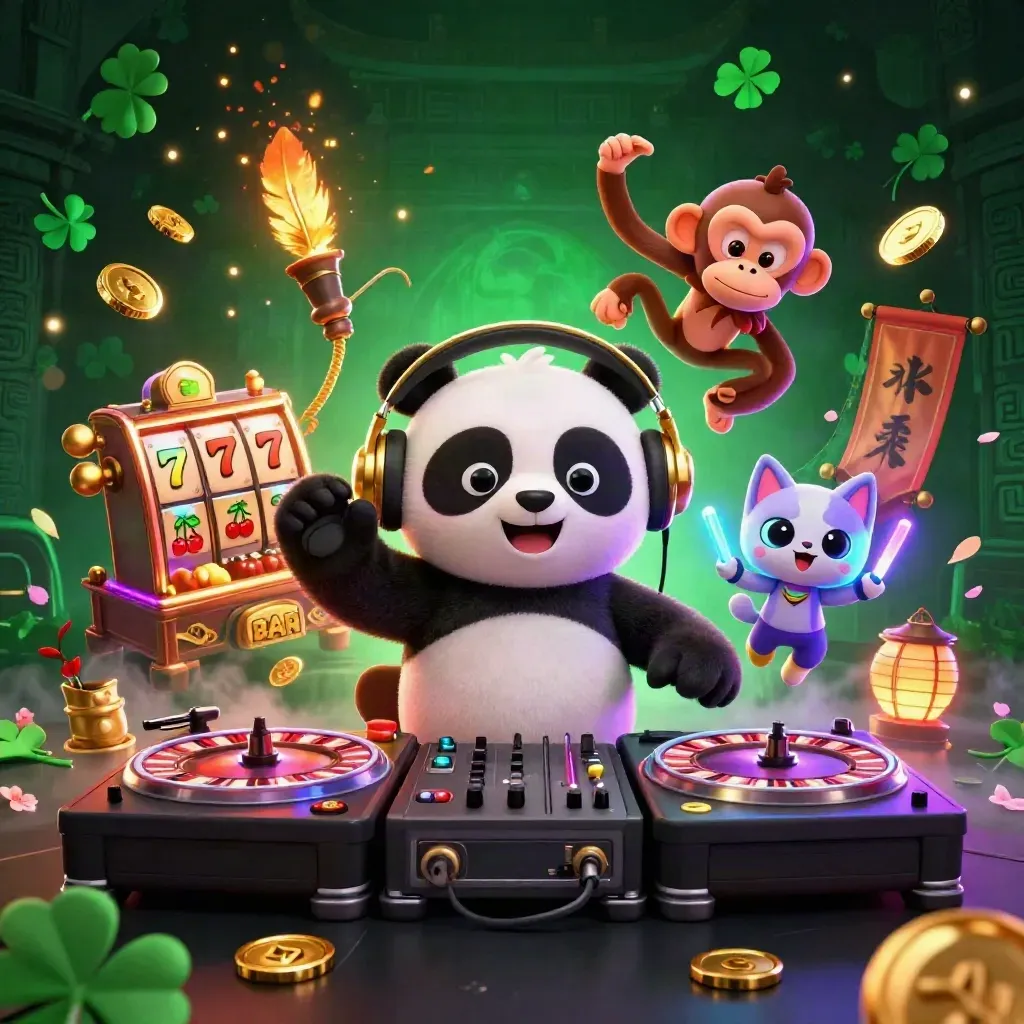 Panda DJ, breakdancing monkey and rave kitten with roulette decks amid casino magic
