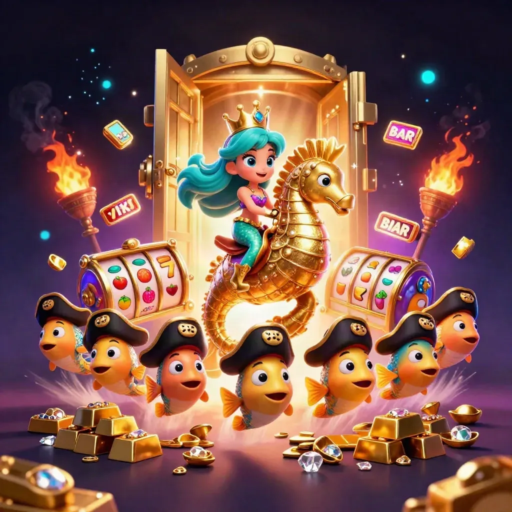 Mermaid princess on a golden seahorse amid pirate fish, treasure, slot reels, and glowing casino effects.