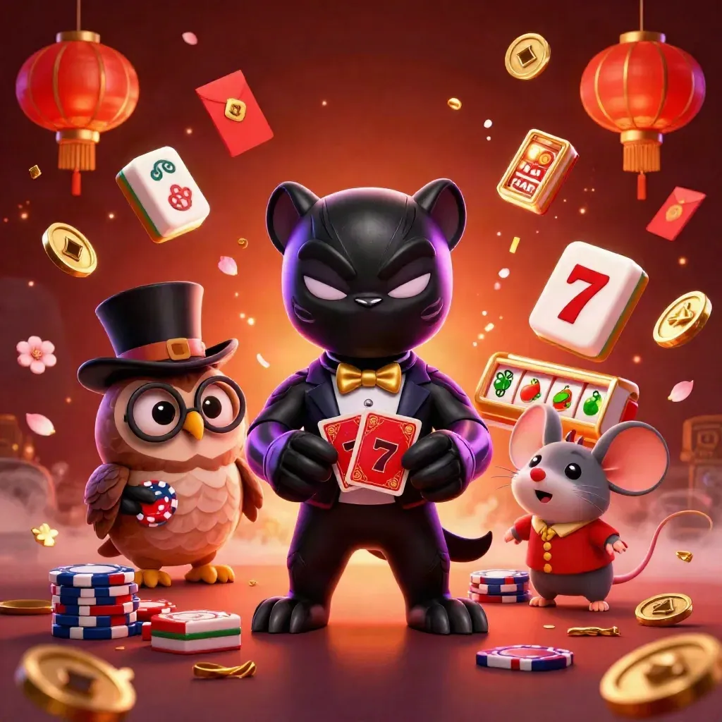 Panther, owl, and mouse casino mascots amid glowing coins, lanterns, and fireworks