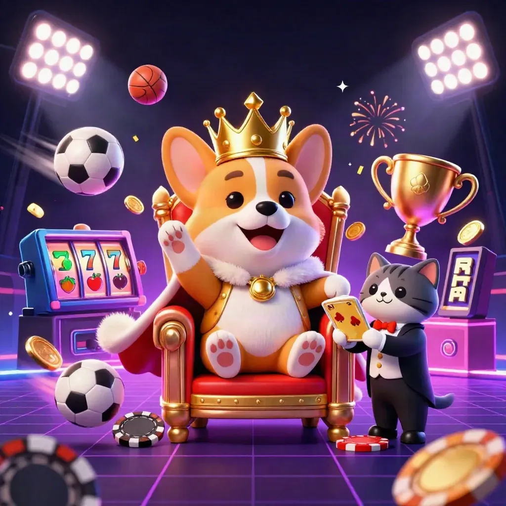 Royal corgi and cat butler on chip throne amid slots, balls, trophy and neon casino bursts