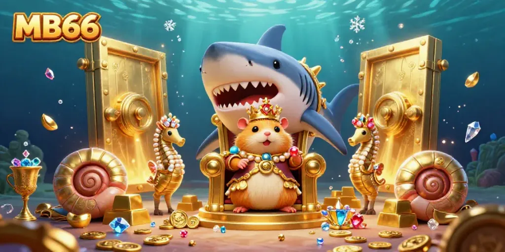 Engage in exciting casino adventures with characters like the MB66 hamster king amidst gleaming treasures and vibrant colors.