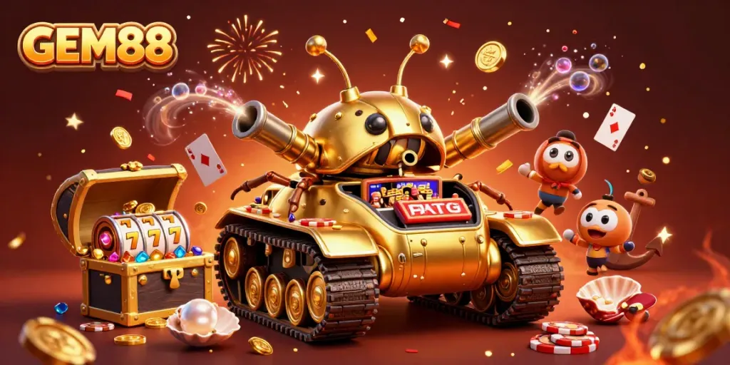 Experience the excitement of GEM88 with a vibrant casino scene featuring a golden beetle tank and dynamic game elements.