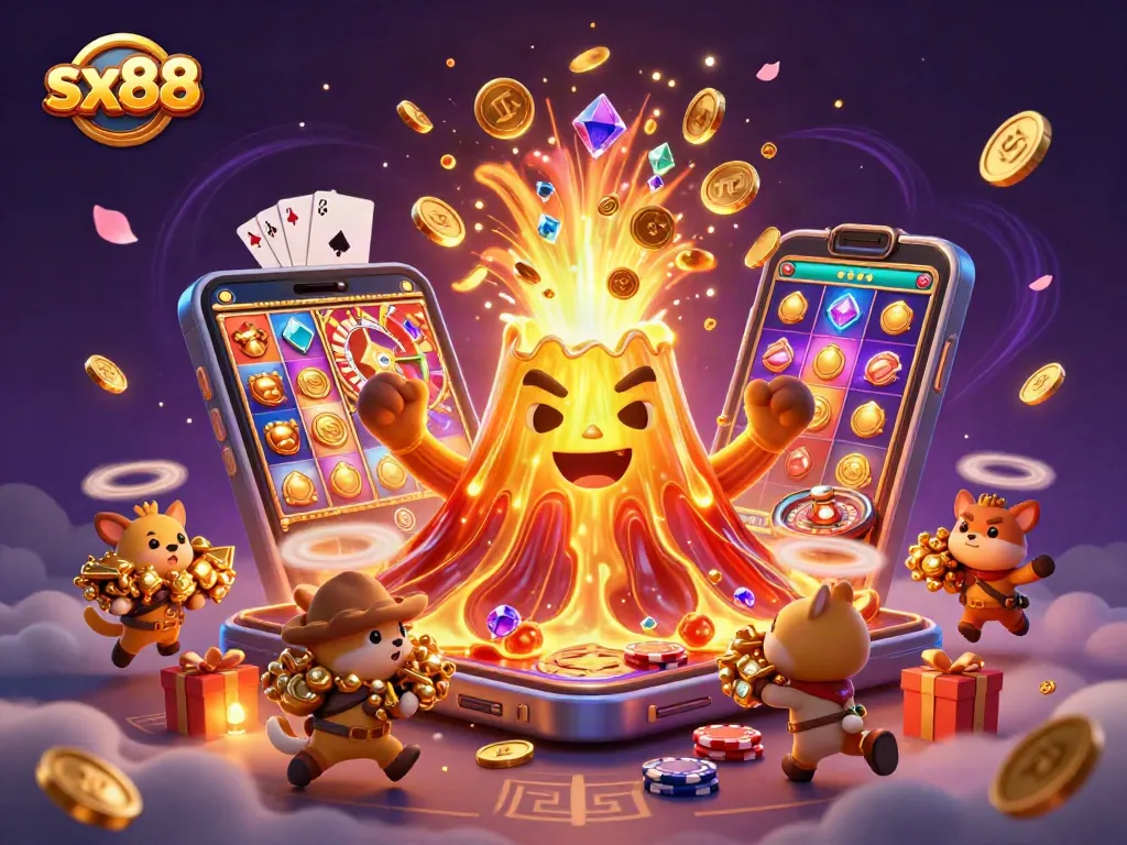 Win big at sx88 with a captivating golden volcano erupting coins while treasure-seeking animals escape!