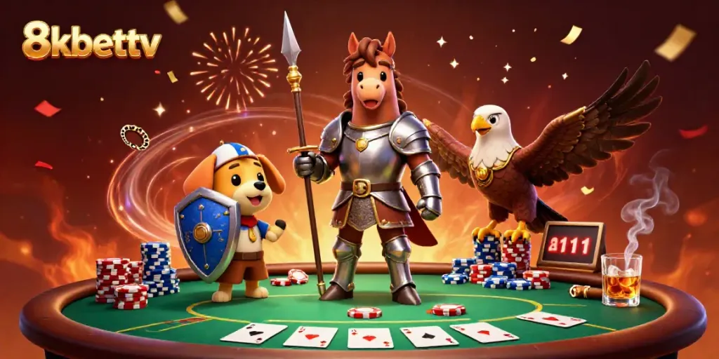 Experience rich casino action with 8kbettv featuring knights and a poker scene.