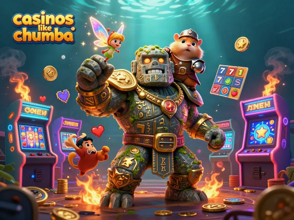 Engage with casinos like Chumba amidst enchanted characters in a vibrant gaming scene.