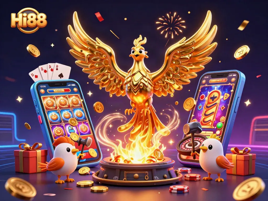 Engage with Hi88's electrifying gaming experience featuring a molten phoenix and slot games.