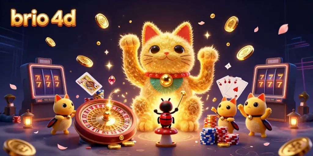 Experience the thrill of brio 4d with a vibrant scene of a lucky cat and casino symbols.
