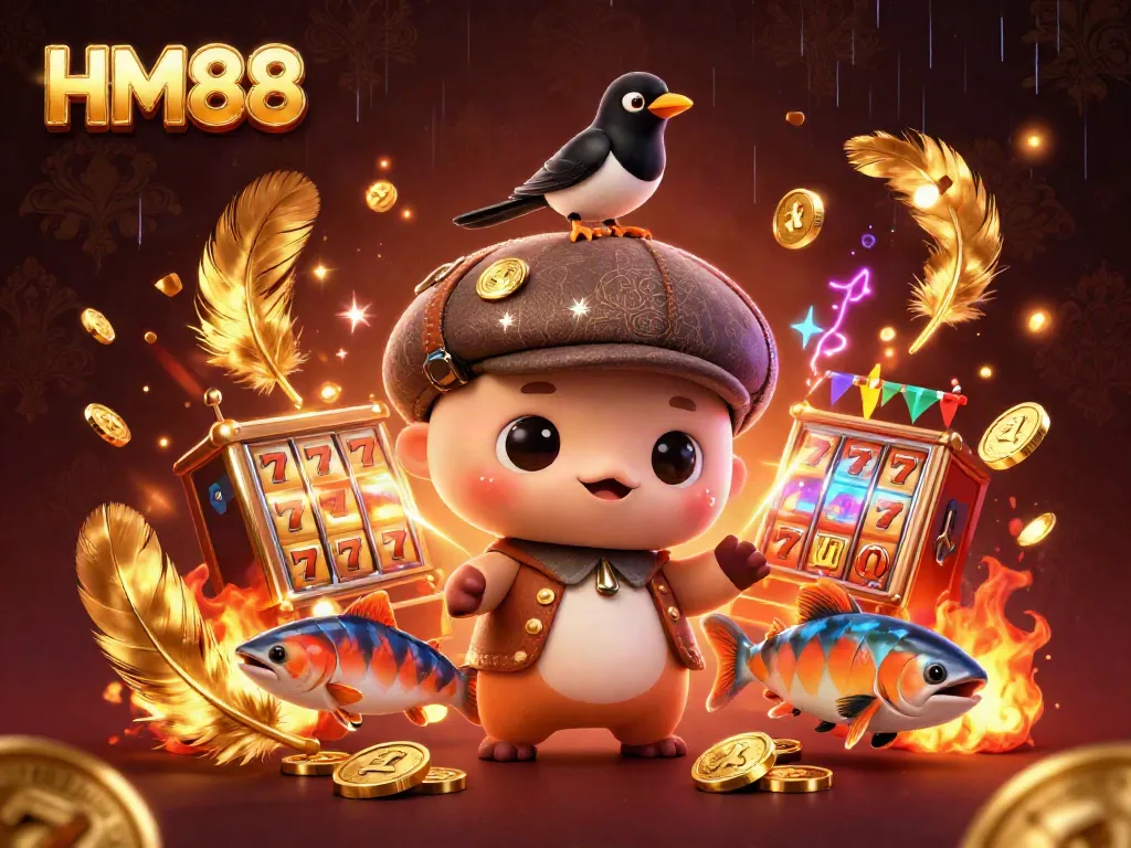 Engage in thrilling slots at HM88 with playful tasks presented in a vibrant casino scene.