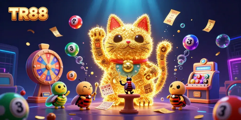 Experience the dynamic casino scene of TR88 with golden fireflies and a lucky cat amidst vibrant lottery elements.