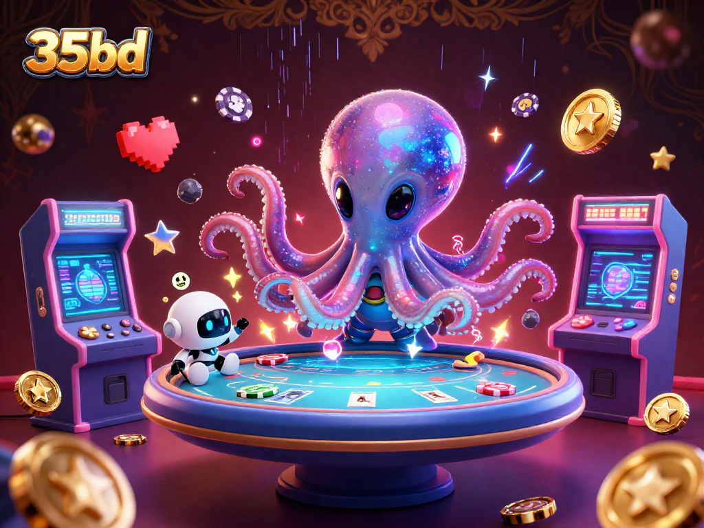 Engage in thrilling poker action with 35bd, as an alien octopus and robot buddy create a vibrant game atmosphere.