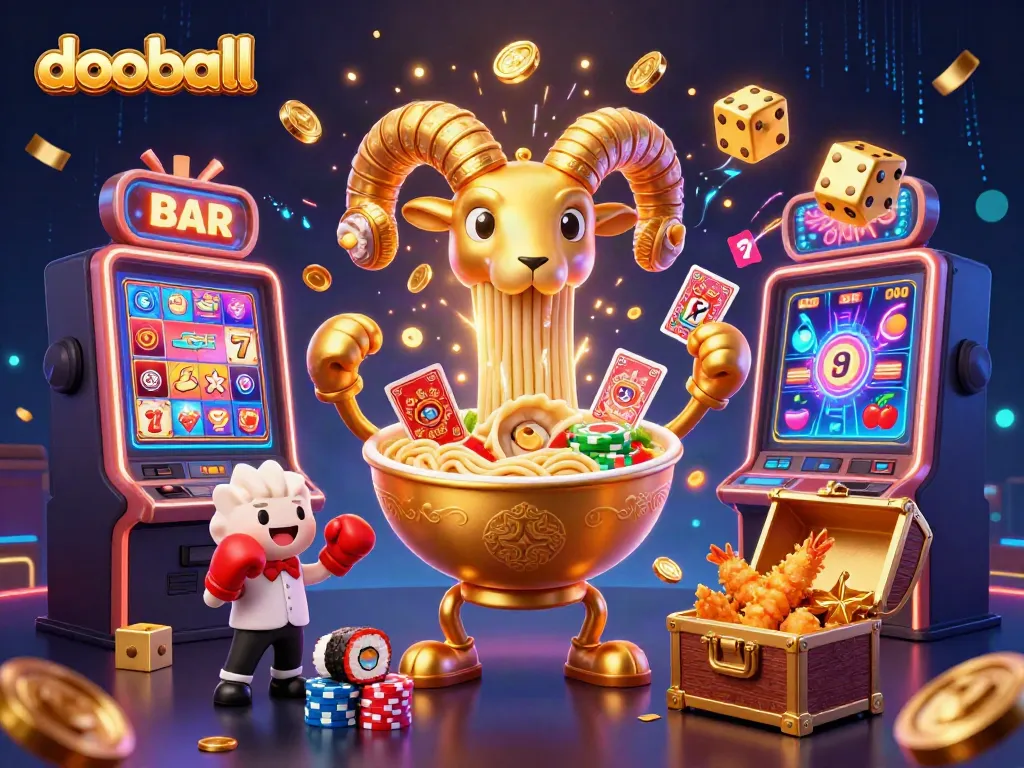 Experience thrilling dooball action with lively characters and jackpot excitement in a dynamic casino scene