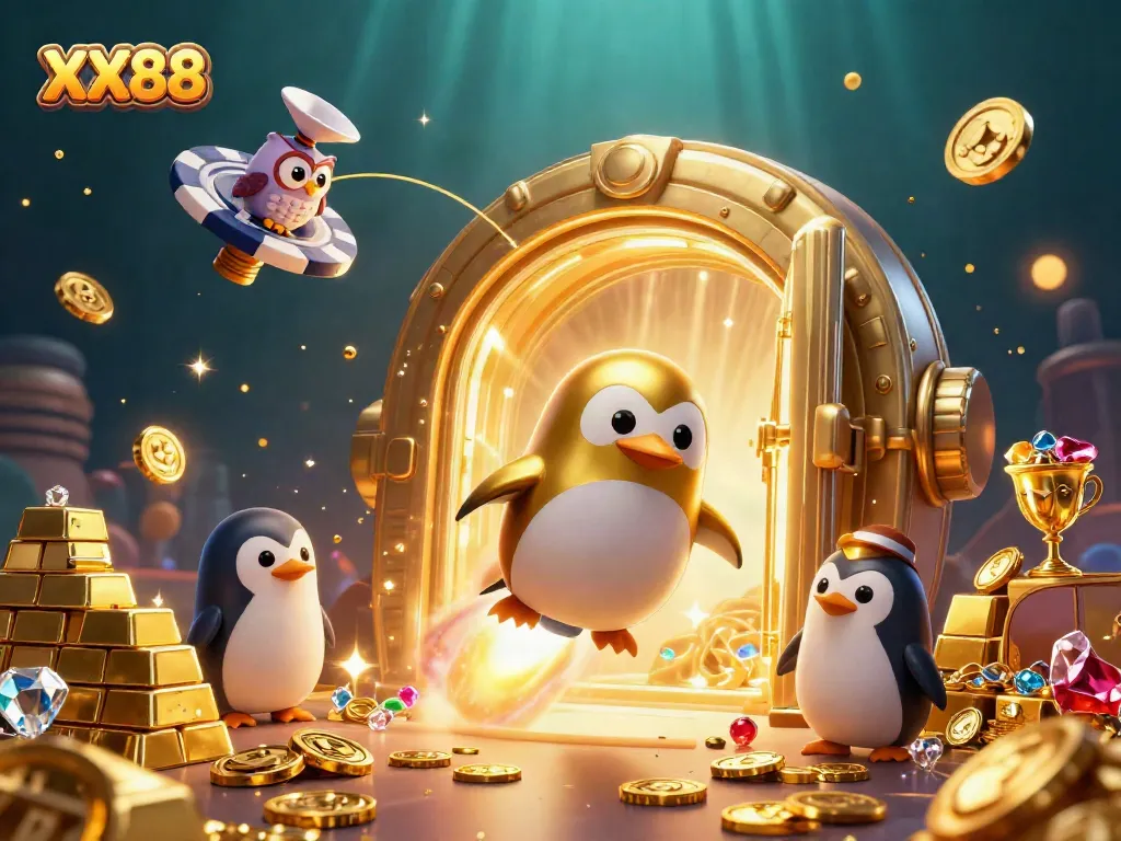 Experience the excitement of XX88 with a dynamic 3D illustration featuring a golden penguin and casino elements.