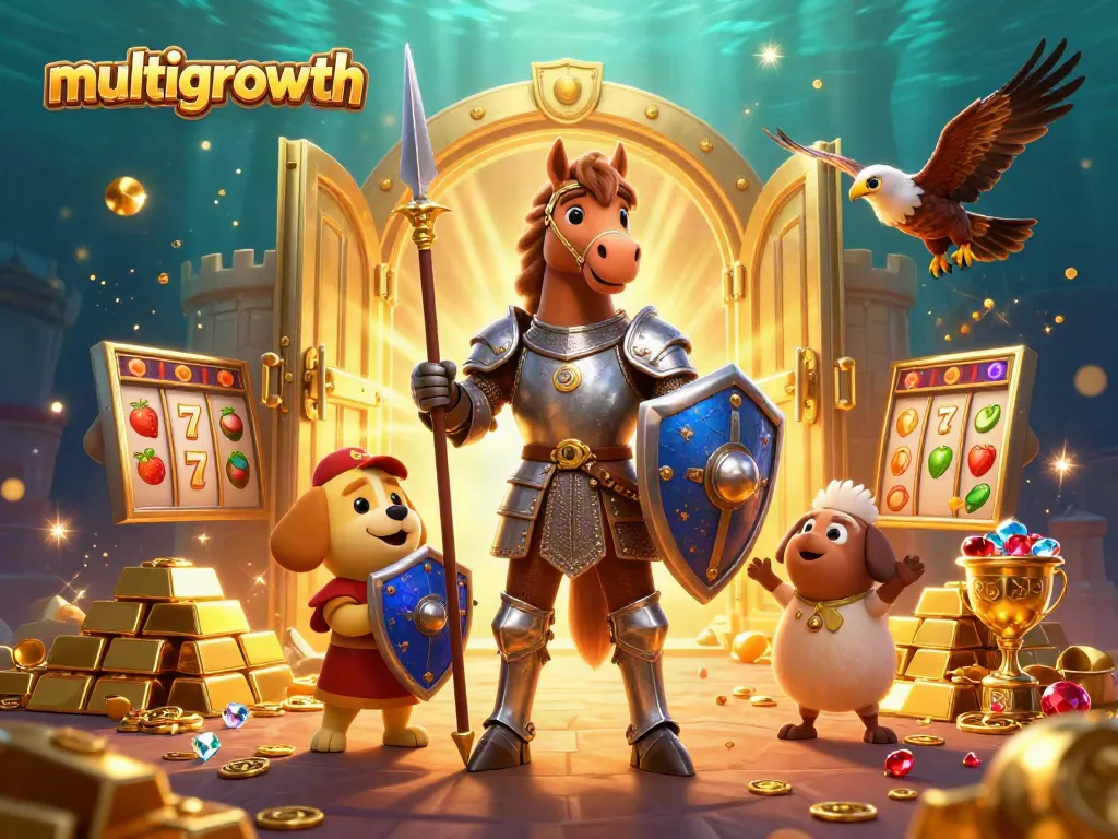 Engage in thrilling gambling with multigrowth, featuring a knight, a puppy, and treasures in a vibrant casino backdrop.