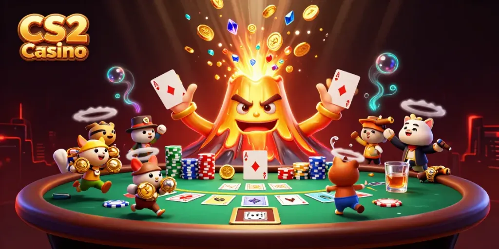Engage in thrilling gameplay at CS2 Casino with a triumphant golden volcano and explorers amidst treasures.