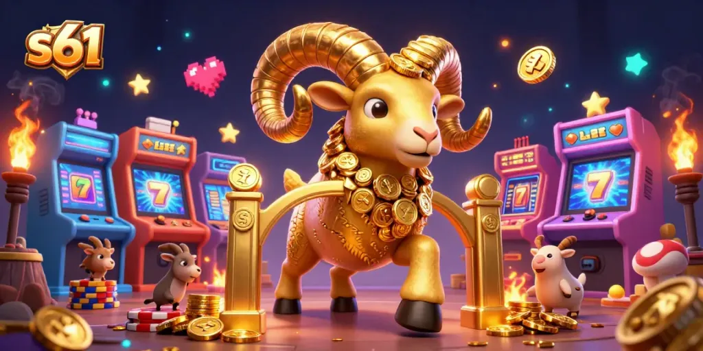 Experience exciting slot wins with S61's vibrant game design featuring a golden ram and arcade elements.