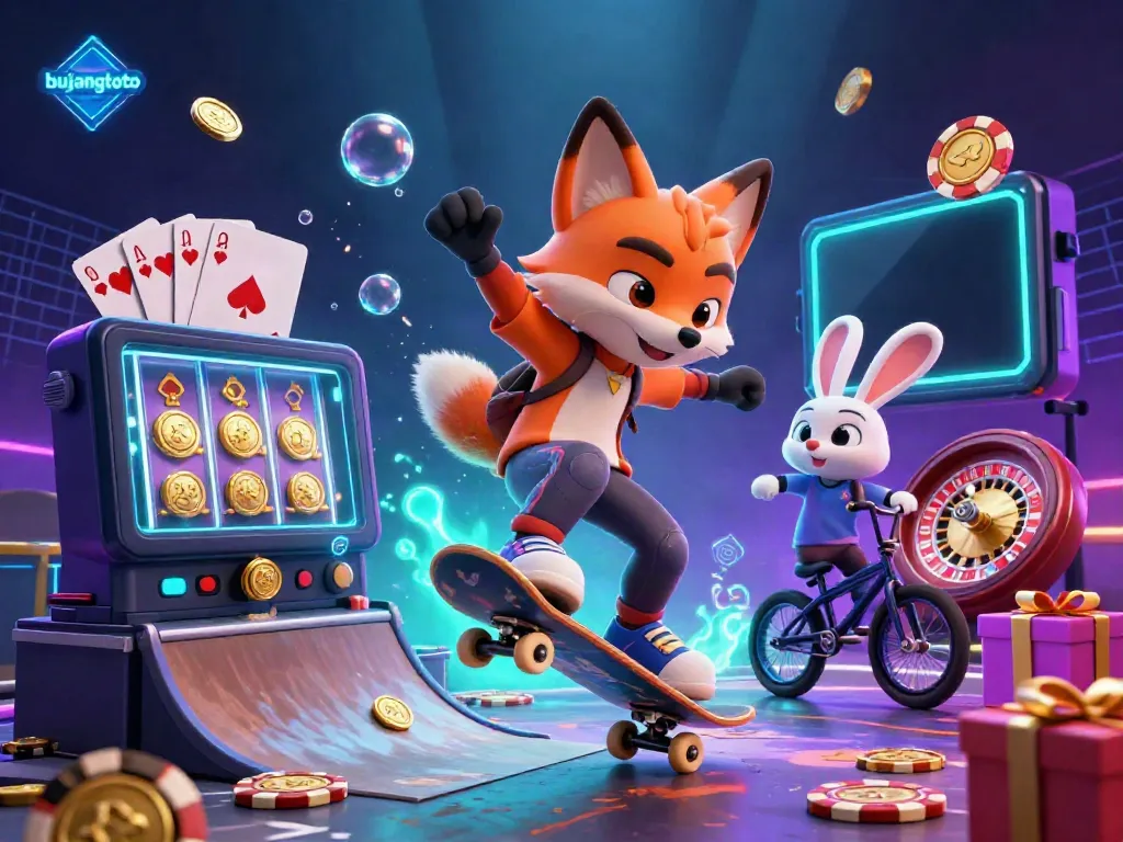 Bujangtoto game scene featuring a skateboarder fox and BMX rabbit amidst casino symbols and a slot game.