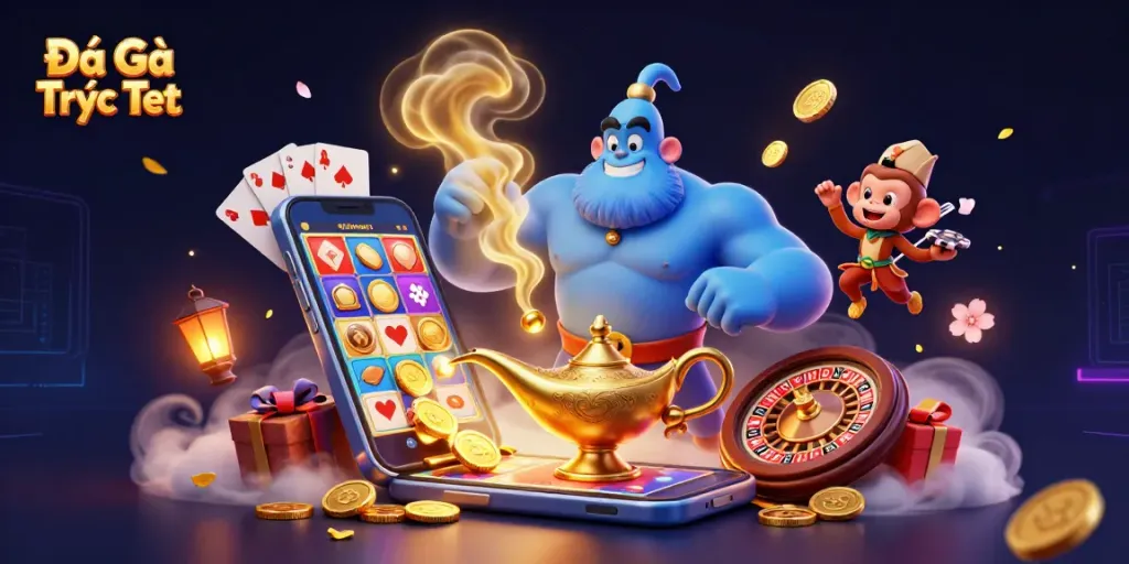 Engage in Đá Gà Trực Tiếp watching with dynamic characters, colorful gambling elements, and immersive energy.