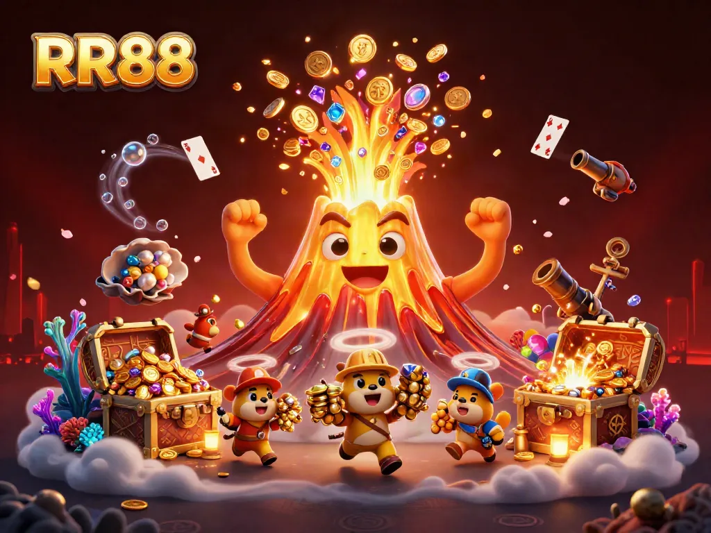 RR88 themed 3D cartoon illustration showcasing a triumphant golden volcano erupting treasure, ideal for casino promotions.