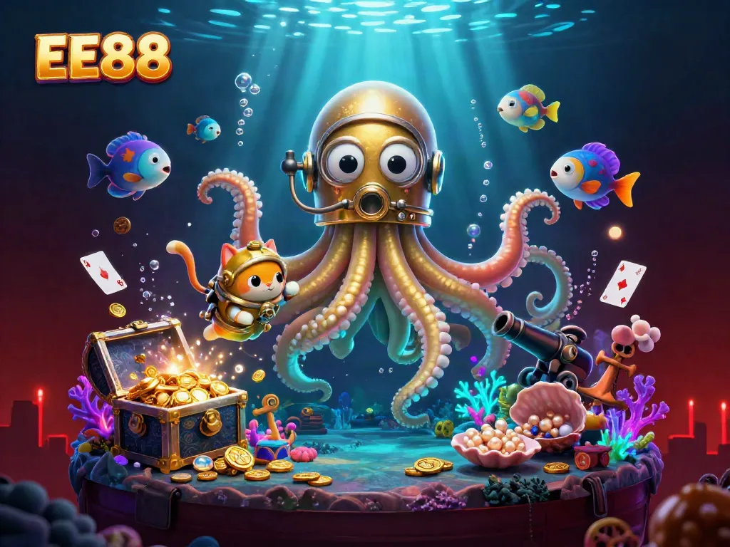 Experience EE88's thrilling underwater adventure with a colossal kraken, diving cat, and vibrant sea life.