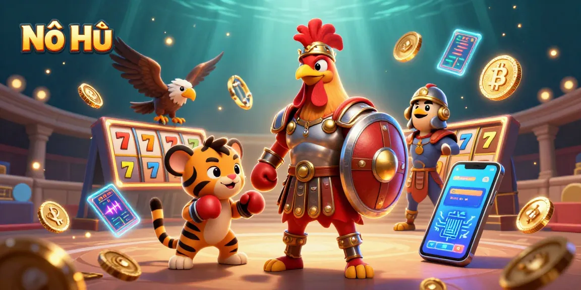 Engage in Nổ Hũ with vibrant visuals, showcasing a 3D gladiator rooster and dynamic slot elements.