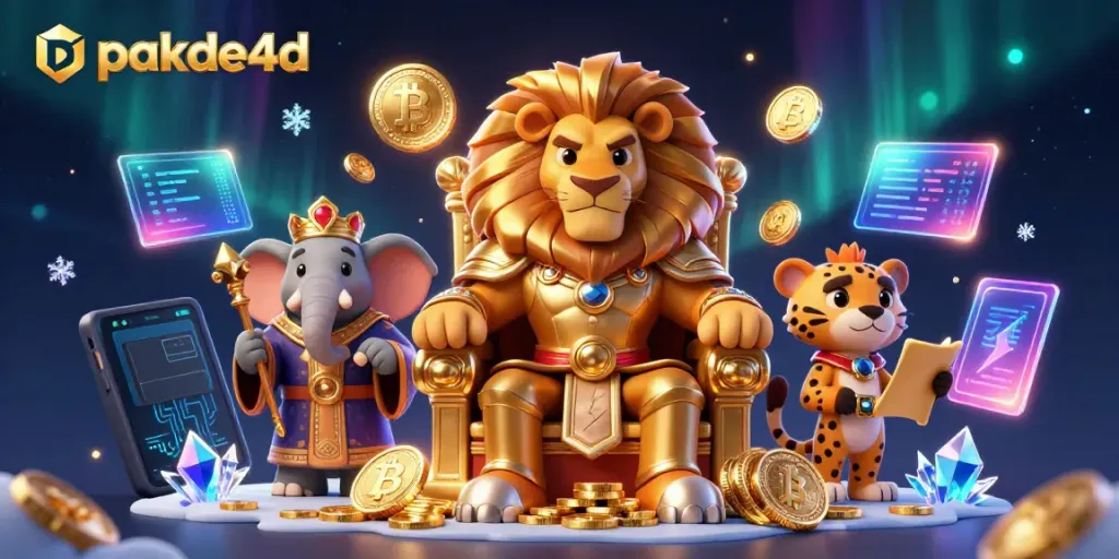 Engage with pakde4d's thrilling betting adventure featuring a lion king on a throne of coins and vibrant crypto elements.