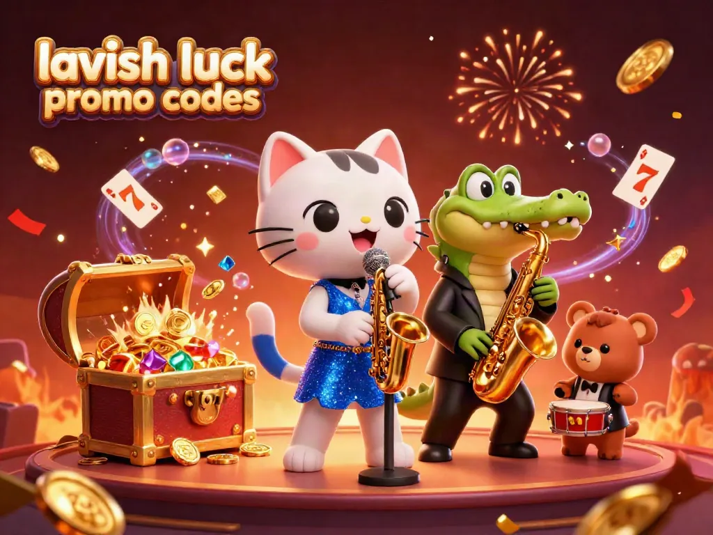 Engage with lavish luck promo codes in a vibrant casino scene featuring a jazzy 3D cat, saxophone crocodile, and lively bear.