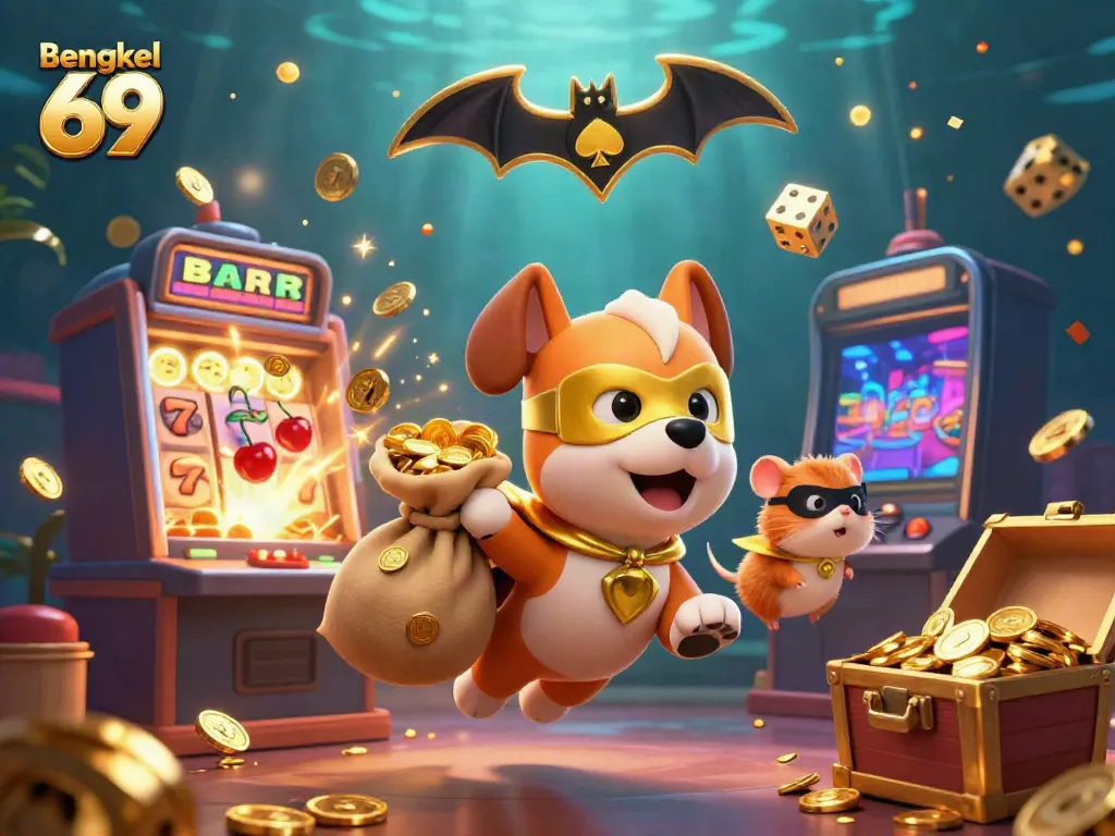 Bengkel 69 features a superhero dog and hamster amidst casino slots, celebrating a jackpot win.