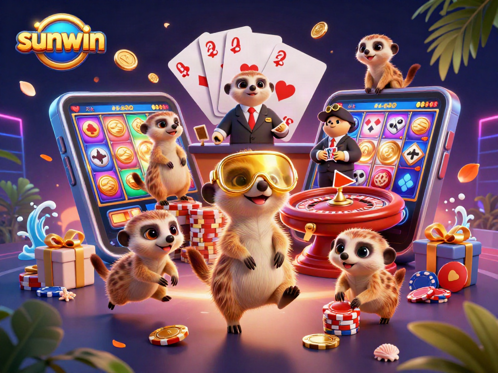 Win big with sunwin at this vibrant, animated casino scene featuring playful meerkats.