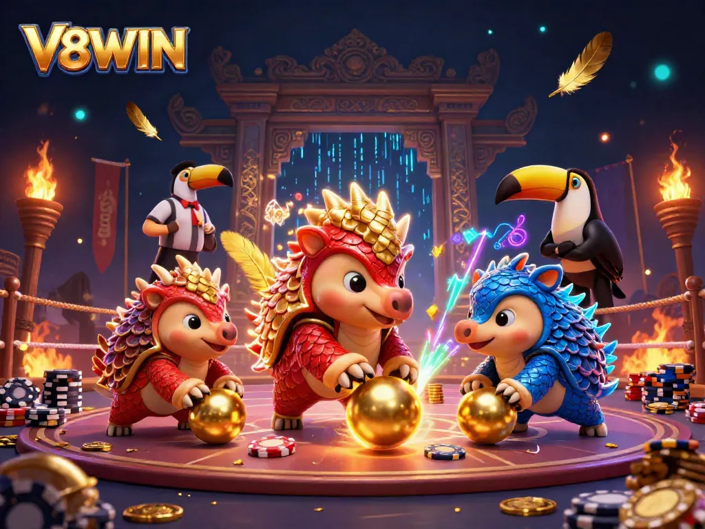 Experience the thrilling action of V8WIN with rival pangolins in a vibrant casino scene.
