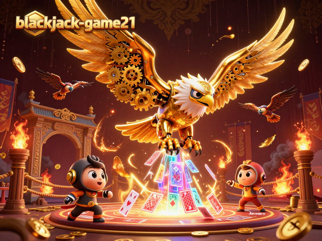 Engage with blackjack-game21's thrilling gameplay featuring golden eagle and holographic cards.