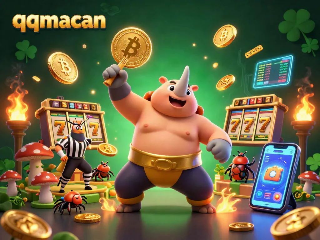 Engage in thrilling slot action with qqmacan's vibrant cartoon scene featuring beetles and golden coins.