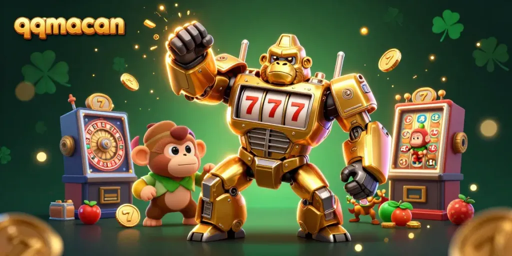 Experience thrilling slots action with qqmacan's golden gorilla mech and dynamic game elements.