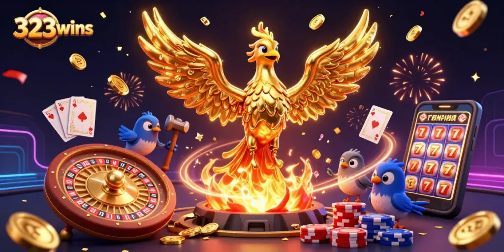 Engage in winning adventures with 323wins, featuring a rich 3D casino scene of a molten phoenix and vibrant gaming elements.