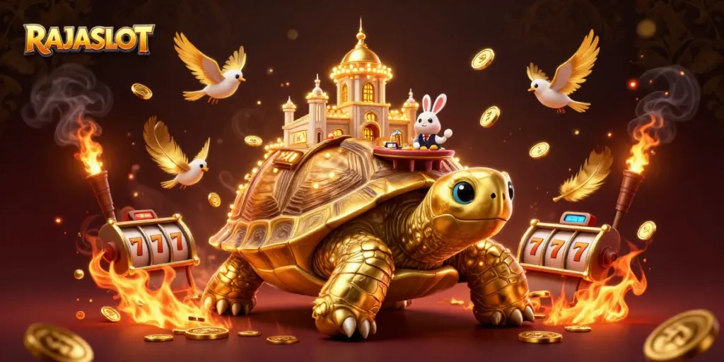 RAJASLOT menyajikan pengalaman bermain slot dengan karakter unik kura-kura emas di kasino digital.